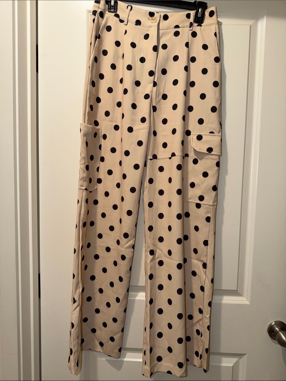 Polka Dot Wide-Leg Cargo Pants in Beige and Black